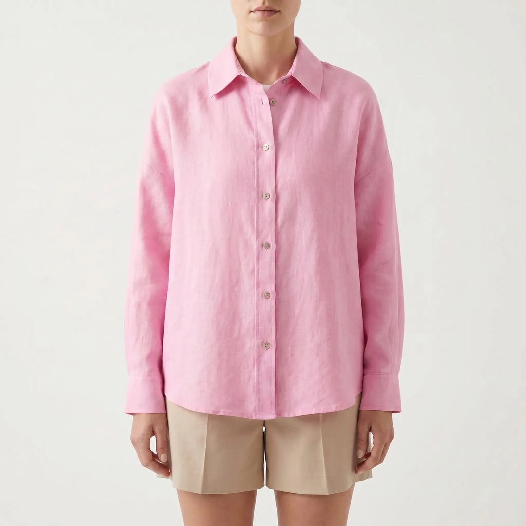Classic women's long sleeve oversized button-down shirt, a relaxed fit wardrobe essential for timeless casual style.