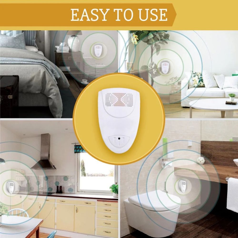 Modern electronic pest deterrent, an indoor ultrasonic device for effective mice, rat, and bug control in homes.