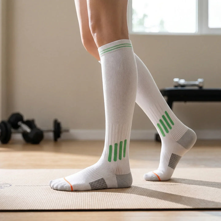 White women's knee-high athletic socks for running and training.
