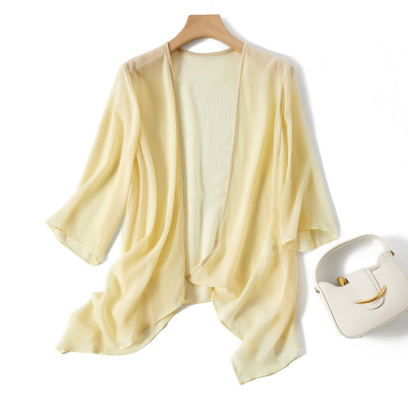 Black sheer lightweight flowing cardigan for women. Ideal spring/summer cover-up, adds an elegant touch to casual.