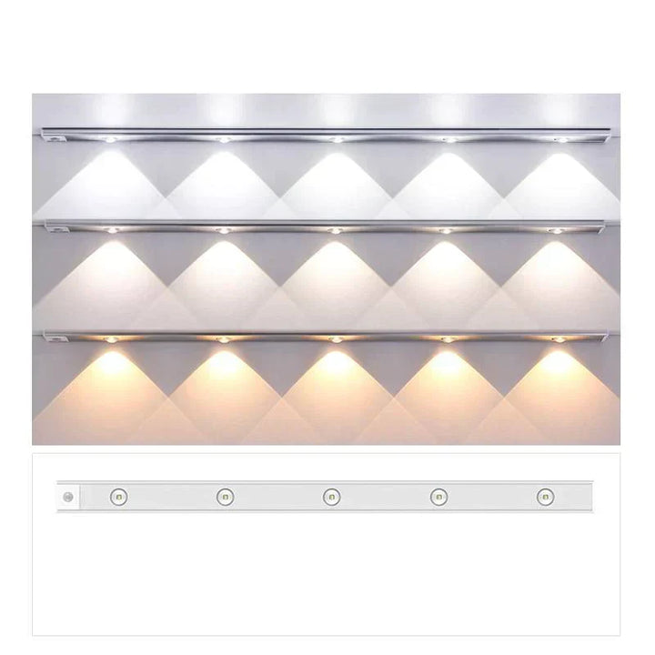 Wireless LED cabinet light with motion sensor, rechargeable for kitchens & closets. Easy under-cabinet install.