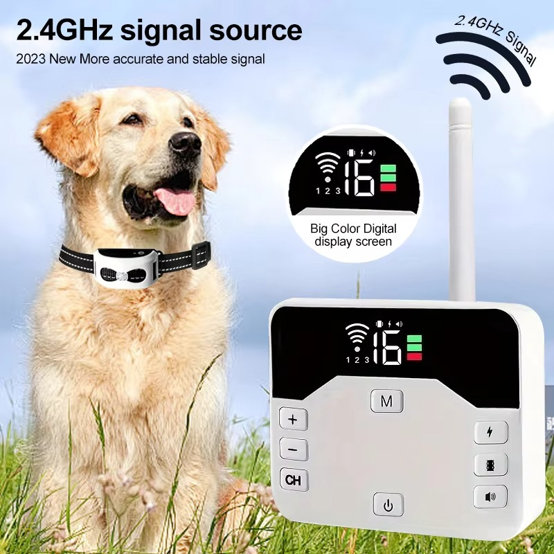 Electronic wireless dog fence for outdoor pet training & boundary setting.