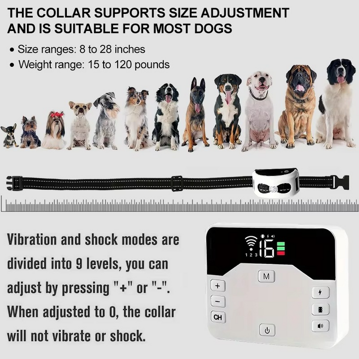 Rechargeable, waterproof wireless collar for effective pet training & safety.