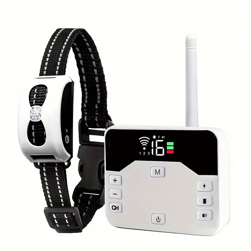 Complete wireless pet training system with waterproof & rechargeable receiver collar.