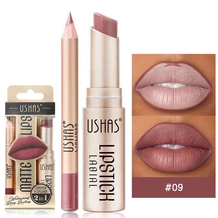Beauty shot of women's lips enhanced by the smudge-proof matte lip liner & lipstick duo.