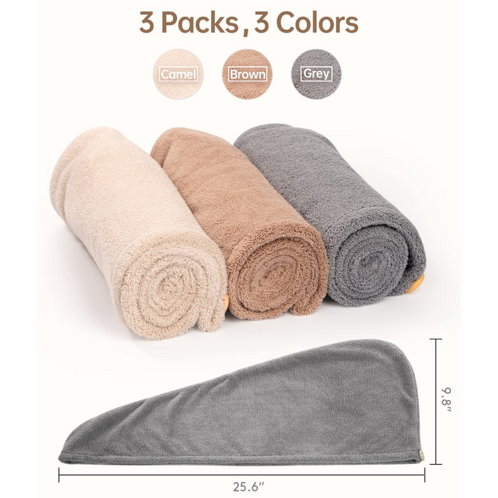Multi-pack (3) microfiber hair towels for women, ensuring fast & healthy drying.