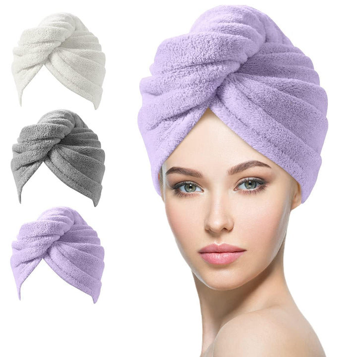 Absorbent 3-pack microfiber hair towel wraps for quick drying & healthy hair.