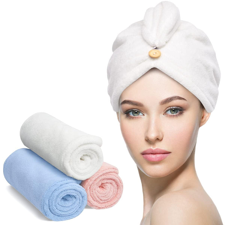Women's anti-frizz microfiber hair wraps, 3-pack for fast drying curly hair.