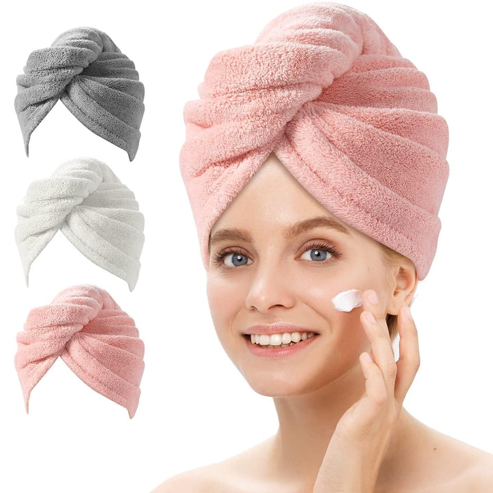 Quick-dry microfiber hair towels (3-pack) for women, ideal for all hair types.