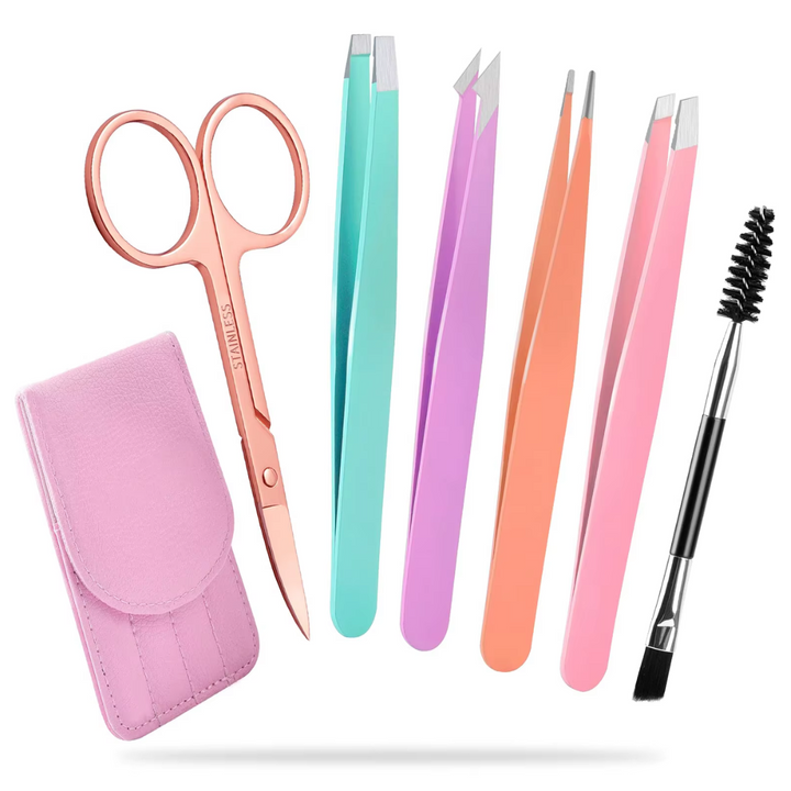 Women's 6-piece precision eyebrow tweezer set with a stylish black travel case.