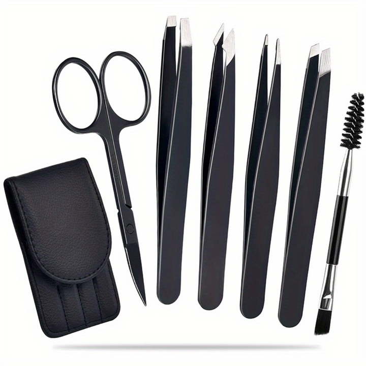 Durable stainless steel 6-piece eyebrow tweezer set, essential for precise facial hair grooming.