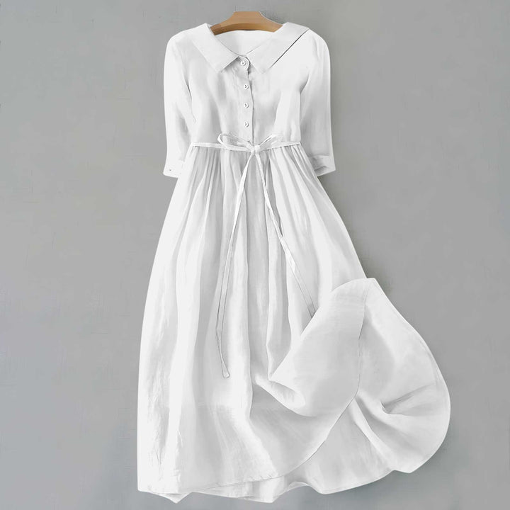 Solid color A-line midi dress for women, short sleeves, an effortless casual fashion staple.