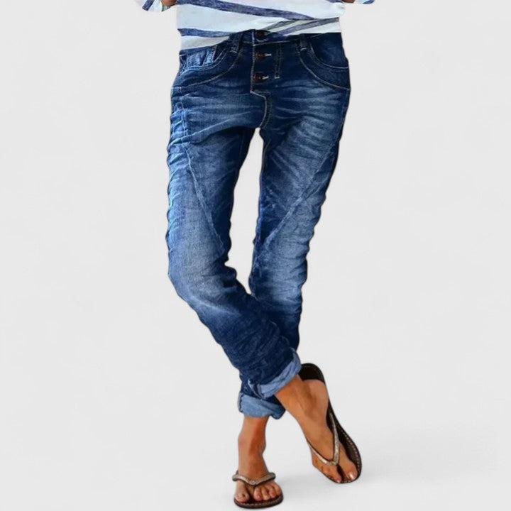 Fashionable women's acid wash skinny jeans, a versatile choice for everyday outfits, with button fly and contrast stitch.