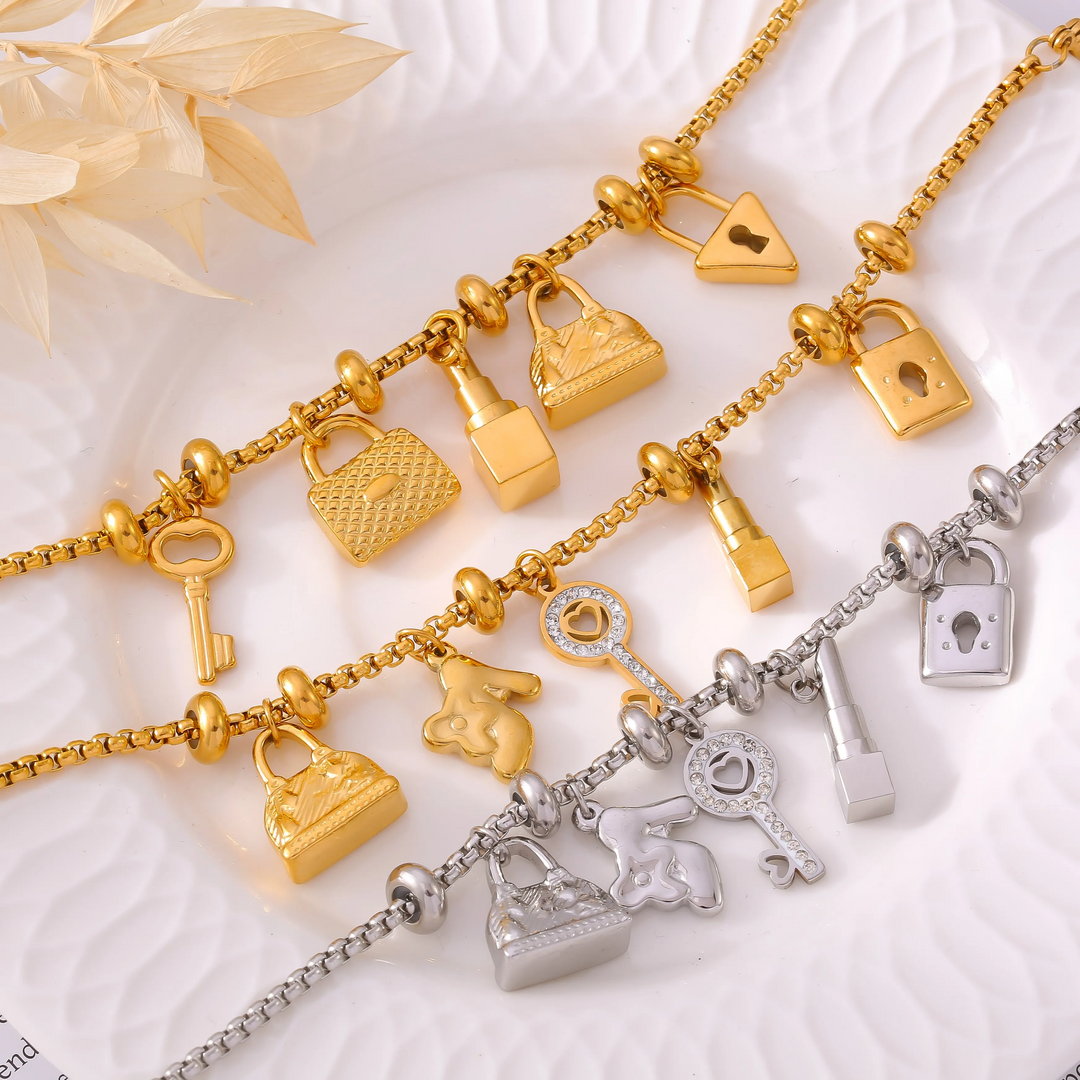 Stylish women's adjustable charm bracelet with unique charms. A fashionable women's jewelry piece and gift.