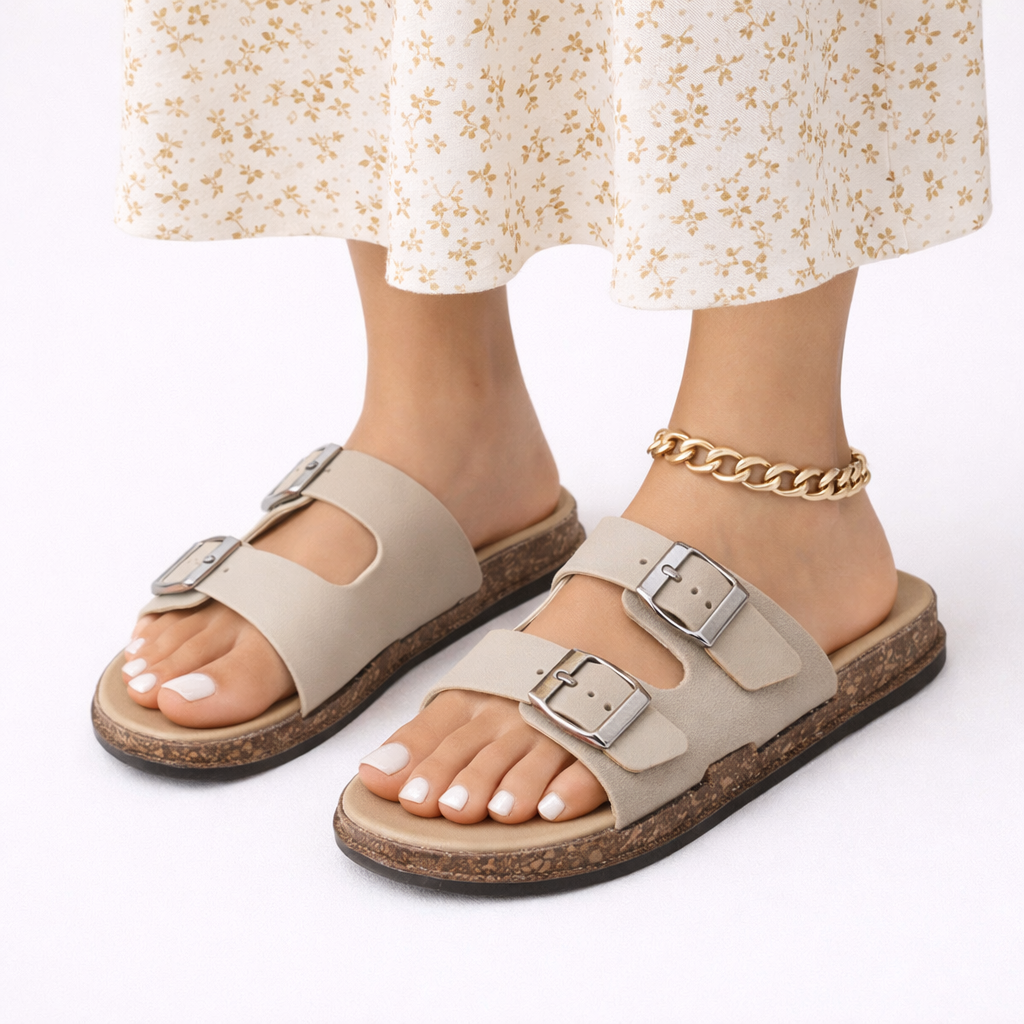 Women's comfort walking sandals featuring adjustable double buckle straps for a secure and custom fit.
