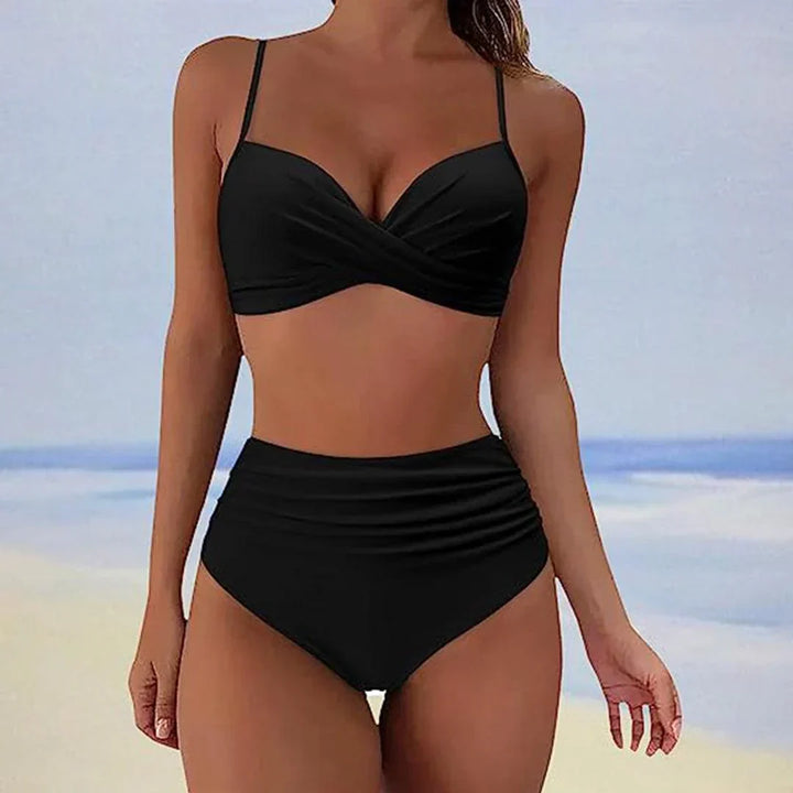 Stylish women's high-rise bikini swimsuit with adjustable straps, excellent two-piece swimwear for vacation.
