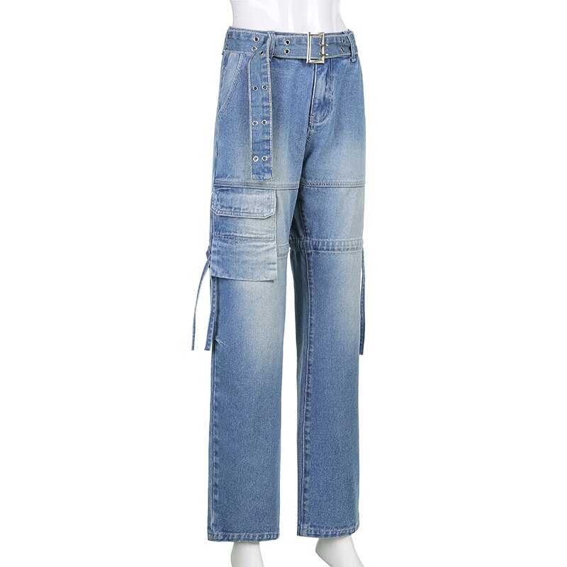 Casual women's loose fit aesthetic sashes jeans. Trendy denim bottoms, perfect for a relaxed yet stylish look.
