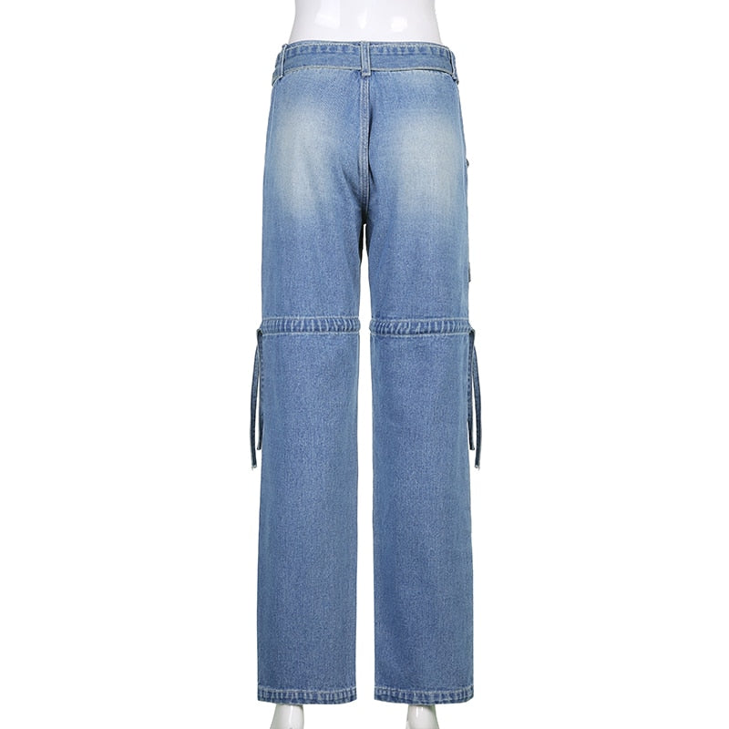Grunge aesthetic women's loose fit denim jeans with sashes. Trendy and unique casual bottoms.