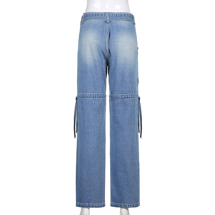 Grunge aesthetic women's loose fit denim jeans with sashes. Trendy and unique casual bottoms.