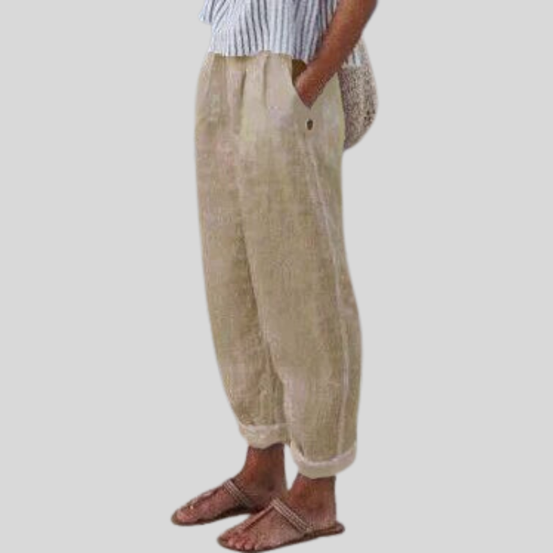 Women's airy folded hem trousers, perfect for relaxed summer style & casual everyday wear. Breezy, comfortable wide-leg pants.