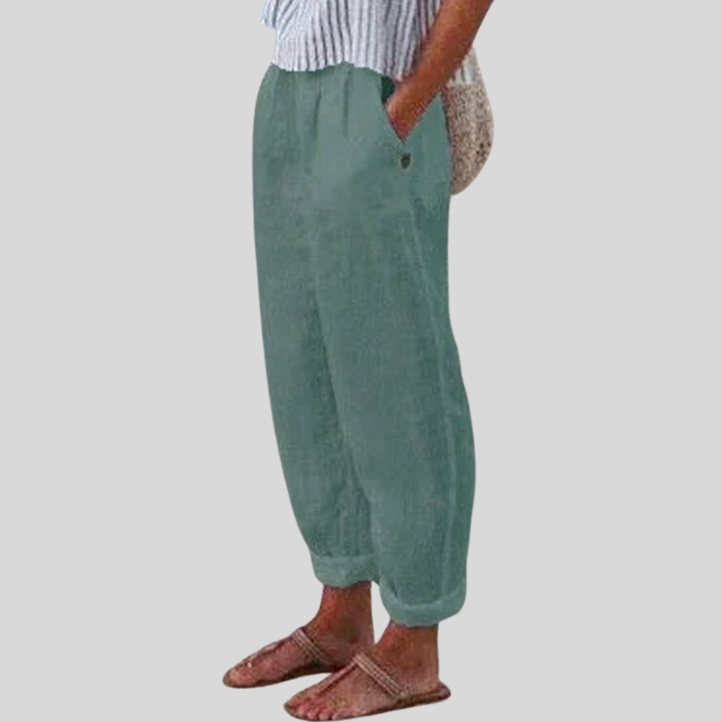 Breezy women's folded hem pants, designed for ultimate comfort and relaxed summer vacation style. Lightweight & chic.