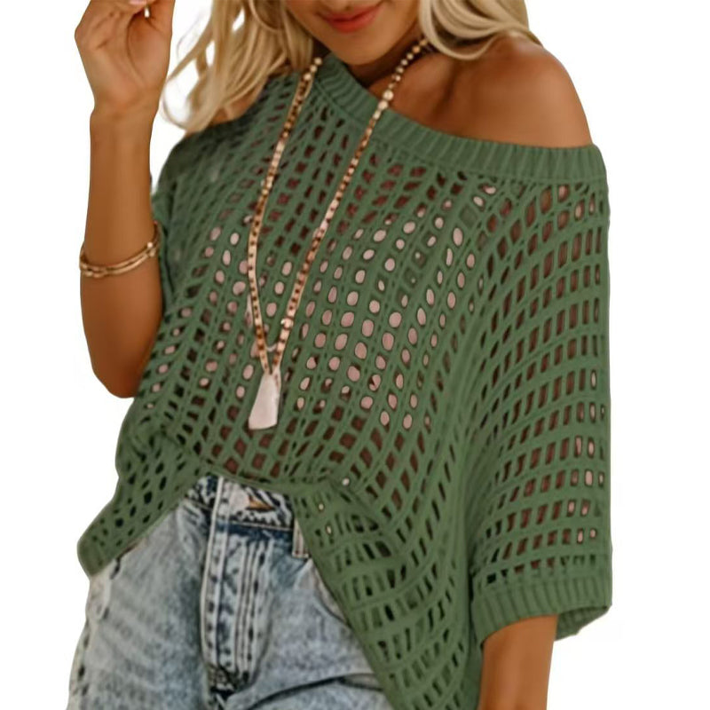 Chic women's fishnet short sleeve knit tee. A stylish mesh top, perfect for date night or casual summer outfits.
