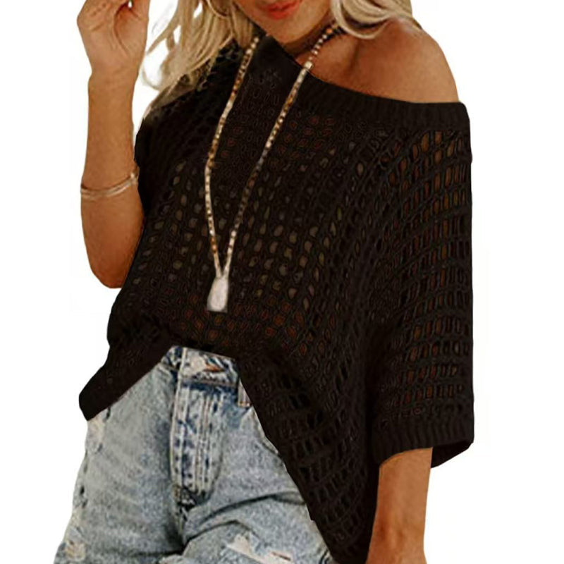 Fashionable women's fishnet knit tee. This short sleeve mesh top is versatile for casual outings & summer style.