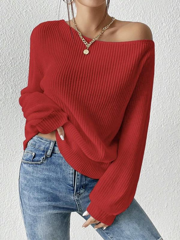 Ribbed off-shoulder long sleeve knit top for women. Casual chic sweater, versatile and stylish everyday apparel.