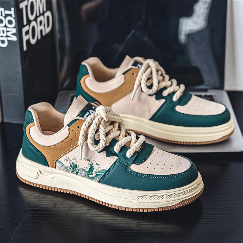 Dark green & light green artistic women's fashion sneakers with memory foam for all-day comfort.