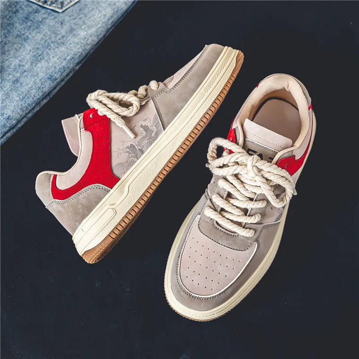 Unique red & green artistic comfort sneakers for women, featuring supportive memory foam insoles.