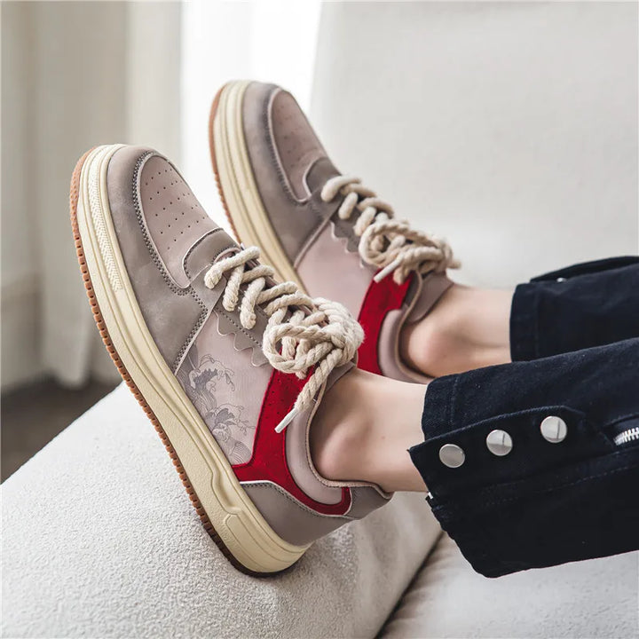 Stylish women's casual sneakers, artistic dark green, light green & red pattern, memory foam comfort.