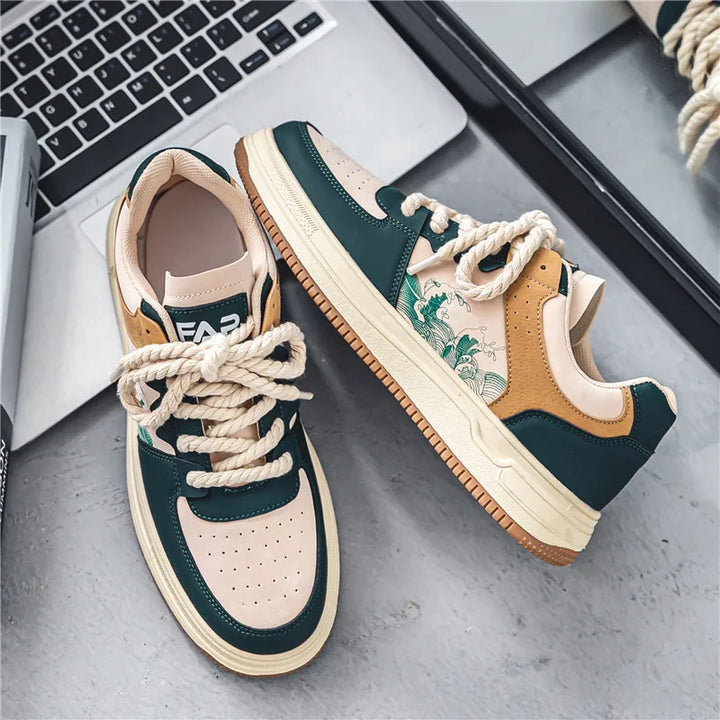 Fashionable women's artistic athletic sneakers in red and green, offering ultimate comfort & style.