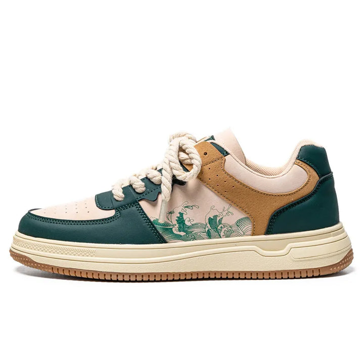Athletic women's walking shoes, artistic dark green & light green, with responsive memory foam.