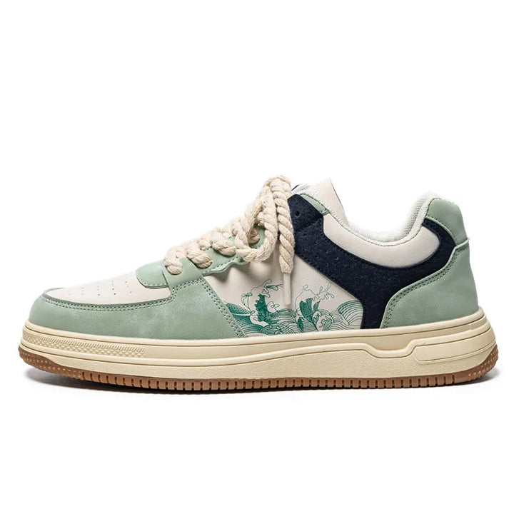 Women's artistic footwear in green & red, unique style & memory foam for exceptional comfort.