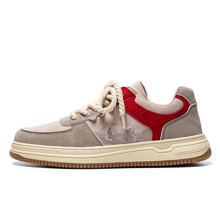 Red, dark green & light green artistic women's sneakers, memory foam for ultimate walking comfort.