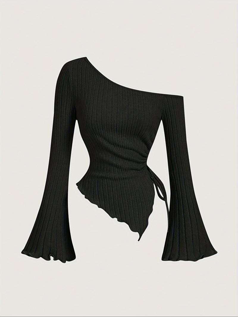 Fashionable women's ribbed one-shoulder top, asymmetric and sculpting for a sleek modern look.