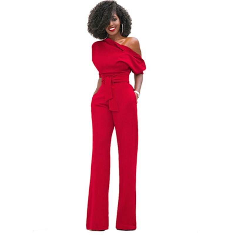 Women's asymmetrical one-shoulder jumpsuit with wide-leg pants. Elegant and chic for party or evening wear.