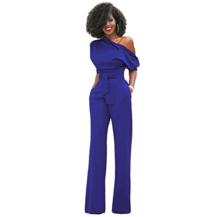 Modern women's one-shoulder jumpsuit, ideal for elegant party outfits and special occasions. Versatile chic style.