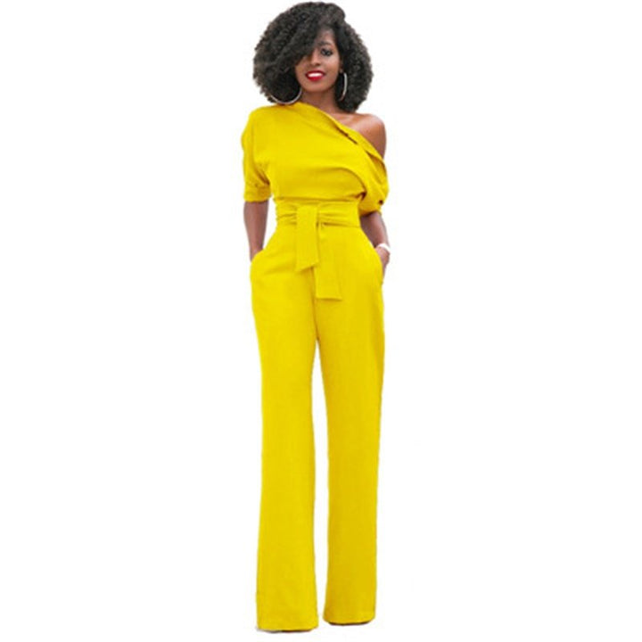 Stylish wide-leg women's jumpsuit, featuring an asymmetrical one-shoulder design for a chic, modern silhouette.