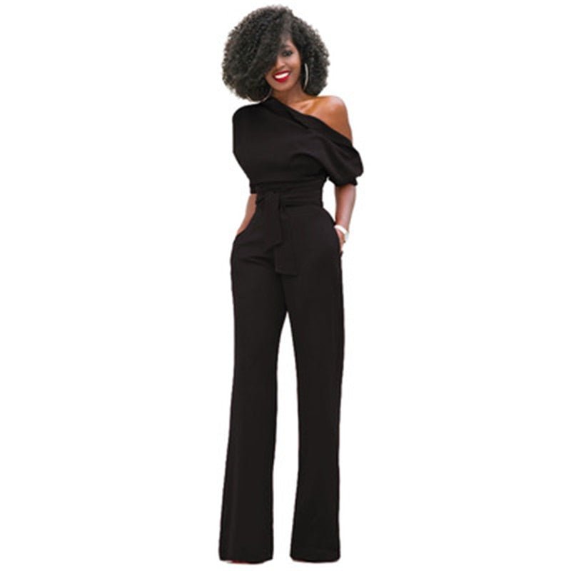Full-length view: Women's elegant one-shoulder jumpsuit, perfect for evening events and sophisticated fashion.
