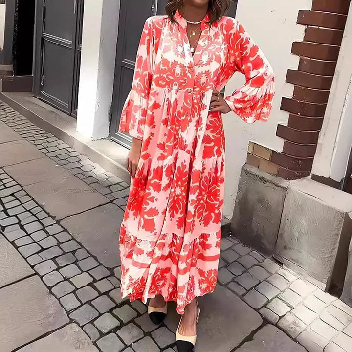 Elegant Women's Baroque Print Maxi Dress, ideal for vacation wear. Features a v-neck, button-down front, and romantic lantern sleeves.