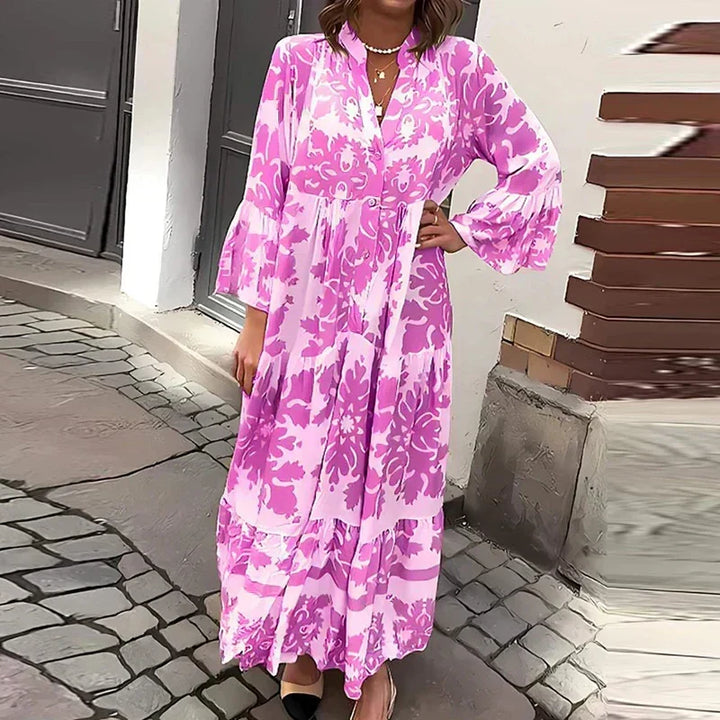 Flowy Bohemian Maxi Dress for women with vibrant Baroque print, romantic lantern sleeves, and a comfortable v-neck for summer.