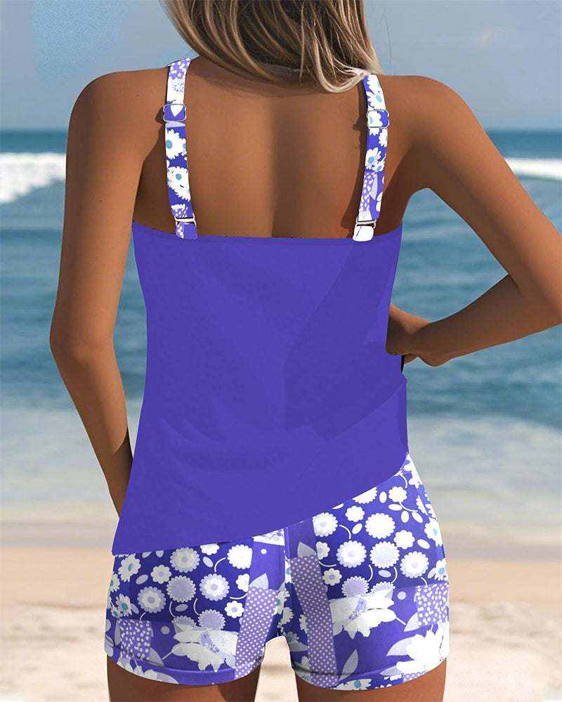 Modest two-piece women's swimwear: belly-covering tankini & sporty swim shorts for confident vacation days.