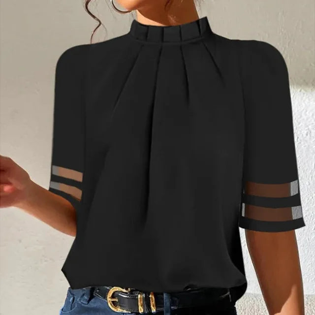 Stylish black pleated top for women, featuring a comfortable casual fit & chic flared sleeves. Perfect for fall.