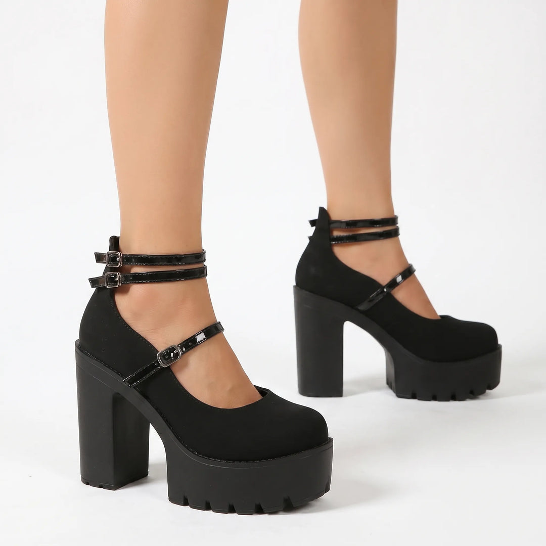 Classic women's vintage fashion Mary Jane pumps in black, featuring a chunky block heel for dressy occasions.