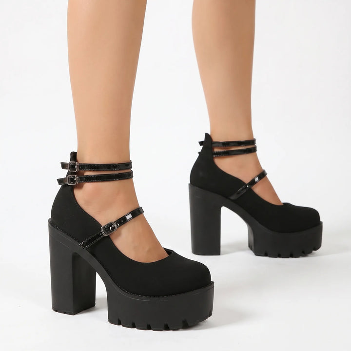 Classic women's vintage fashion Mary Jane pumps in black, featuring a chunky block heel for dressy occasions.