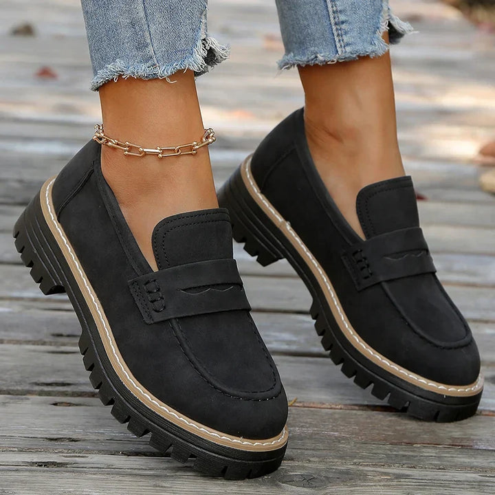 Dressy casual women's loafers, black chunky platform, providing all-day comfort & elegant style.