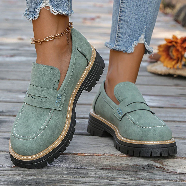 Fashion-forward women's platform loafers, chunky sole, slip-on style for ultimate comfort.