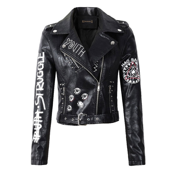 Women's black jacket with edgy silver rivet details, perfect for a stylish and versatile outerwear statement.