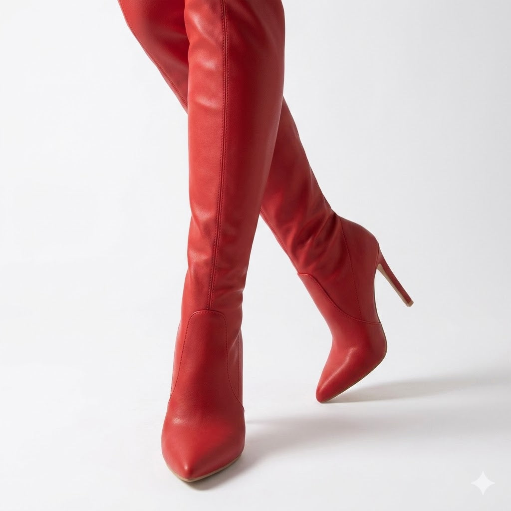 Women's black over-the-knee stiletto boots, pointed toe, slim fit. Perfect for elegant evening or formal wear.
